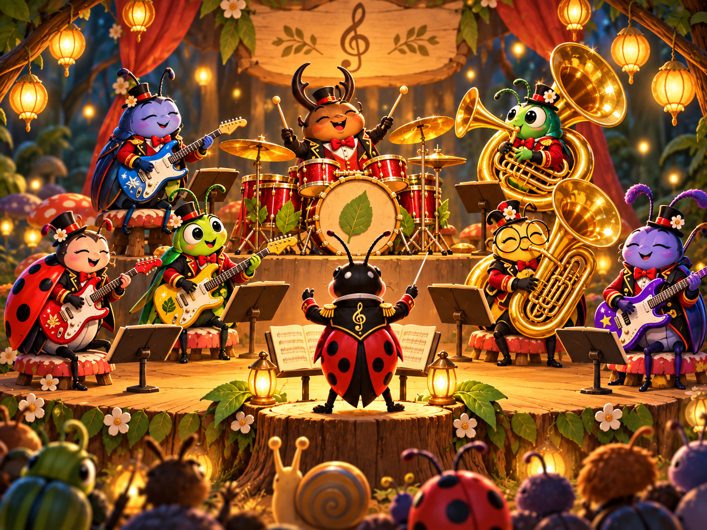 A band of colorful bugs playing guitars, drums and brass on a lantern-lit woodland stage